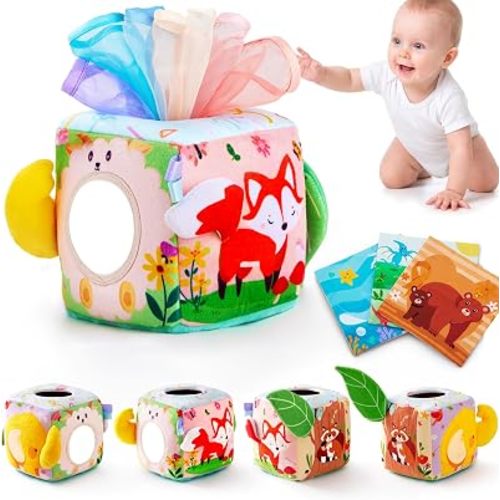 Yeeeasy Baby Tissue Box Toy, Montessori Sensory Toy for Babies 6–12 Months, Infant Early Learning Toy with Mirror, Textured Tails & Squeaky Sounds, Baby Gift for Boys & Girls