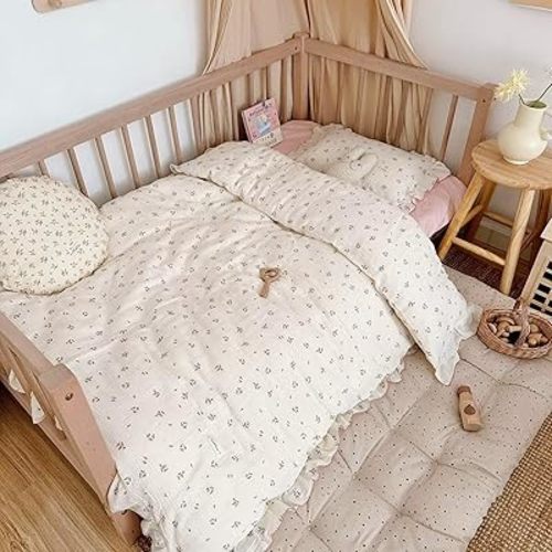 BuLuTu 100% Cotton Muslin Crib Duvet Cover for Infant Boys Girls Baby Toddler Bed Muslin Duvet Covers,Nursery Decoration,47"x59", Primrose Print (No Filler)