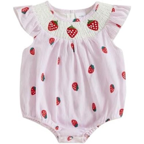 Baby Girl Watermelon Romper Sleeveless Ruffle Smocked Bubble Bodysuit with Pockets Cute One Piece Summer Outfits