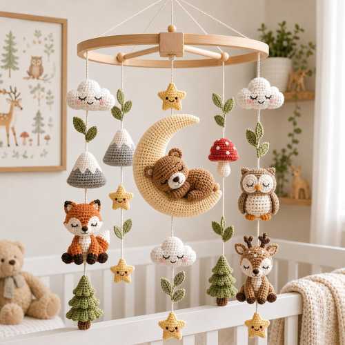 Crochet Woodland Animal Baby Mobile, Custom Fox Deer Bear Nursery Mobile, Crib Decor, Forest Baby Shower Gift