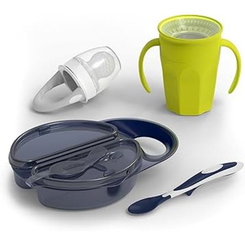 Dr. Brown's Juego de iniciación de alimentación para niños pequeños, paquete de viaje con taza de entrenamiento sin boquilla Cheers360 con asas, 19.7 ft+, 4 piezas