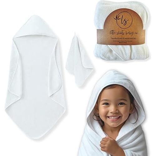 Baby Bath Towel with Hood and Washcloth Set, 100% Organic Rayon Made from Bamboo, Silky Soft and Absorbent, Large Size of 35" x 35" & 10" x 10" Baby Essential in White