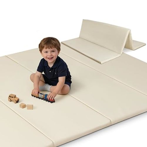 SEPARO Thick Trifold Baby Play Mat,Soft Vegan Leather Foam Floor Mat for 71x59 Playpen,Foldable Tummy Time Mats,Waterproof & Wipe-Clean for Toddler,Kids & Infants Playroom,Beige