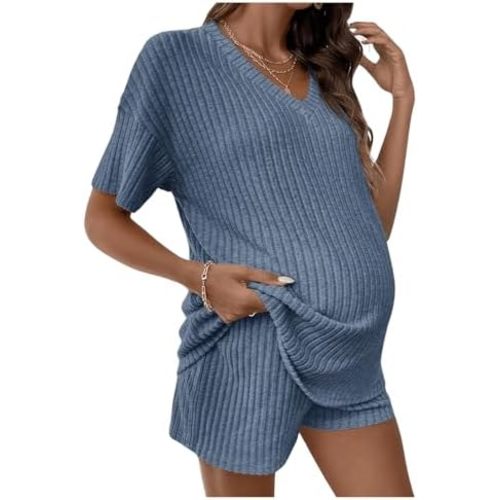 MakeMeChic Women's Maternity Pajamas Lounge Sets 2 Piece Outfits Short Sleeve Rib Knit Tops and Shorts Sets Pregnancy Clothes