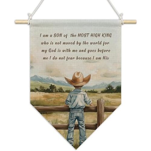 CGBHW Christian Western Cowboy Nursery Wall Art Pennant Flag 11x15 Inch, Inspirational Bible Verse Wall Banner Hanging Decorations, Western Nursery Hanging Decor for Boys Room Bedroom Playroom