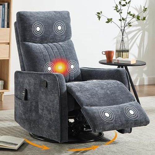 Manual Swivel Rocker Recliner Chair for Adults, Overstuffed Recliner Glider with Massage and Heat, Living Room Reclining Chair, Fabric Blue