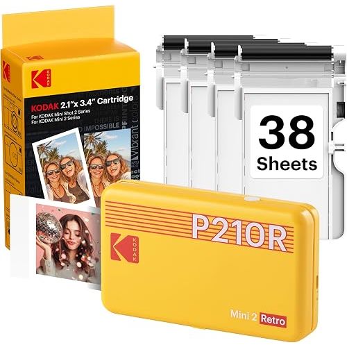 KODAK Mini 2 Retro 2x3 Portable Photo Printer, 4PASS, 38 Sheets, Yellow