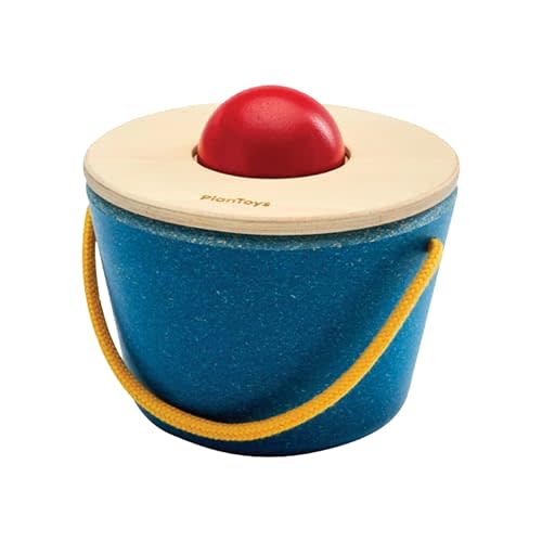 PlanToys® Pop N Drop Bucket Wooden Object Permanence Toy for Babies 6M+ | pop n drop bucket, ball dropping lid, object permanence toy, hand-eye coordination, cause effect play, montessori babies 6 mo