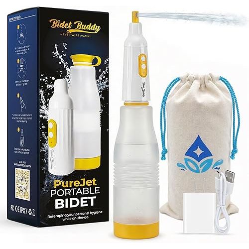 BIDET BUDDY® PureJet Portable Bidet for Travel– Self-Cleaning Retractable Nozzle, 550ml Bottle, IPX7 Waterproof, USB-C Rechargeable, High-Pressure Hygiene Device, Versatile Power Modes – Arctic White