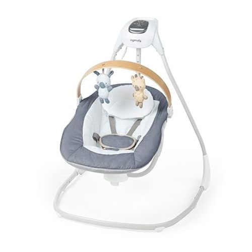 Ingenuity SimpleComfort Compact Baby Swing, Rotating Seat Swings in 3 Directions, 6 Speeds, 8 Melodies & 3 Nature Sounds, Ages 0-9 Months, Up to 20 Pounds - Chambray