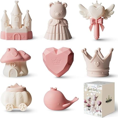 MarcZero Princess Silicone Bath Toys 8Pcs for Toddlers Kids Babies,Bathtub Water Toys,Soft Squeezable Easy-Grip Pool Toys Set (Pink)