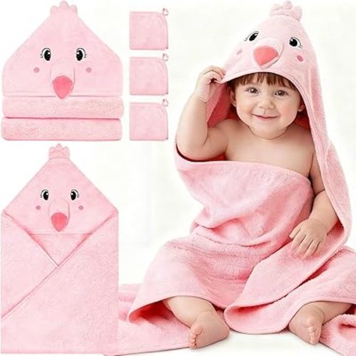 4 Pcs Baby Towels and Washcloths Set, Hooded Baby Towel, Soft and Absorbent Baby Bath Towels, 32x32 in Baby Towel with Hood and 3 Pcs Baby Washcloths for Boys and Girls (Pink Flamingo)