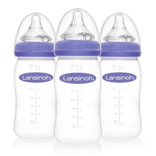 Lansinoh Baby Bottles for Breastfeeding Babies with 3 Medium Flow Nipples (Size 3M) - 8oz/3ct