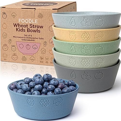 FOODLE 6pcs Wheat Straw Kids Bowls - 12oz Microwave & Dishwasher Safe Toddler Bowls - BPA Free & Non Toxic Dishes for Baby - Unbreakable and Durable Childrens Snack and Cereal Bowl