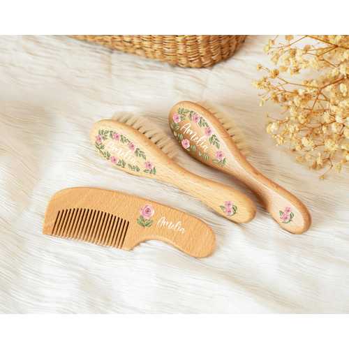 Personalized Wooden Baby Hairbrush Set, Custom Engraved Keepsake, Baby Shower Gift Idea for Newborns, Unisex Wooden Hair Brush and Comb Set