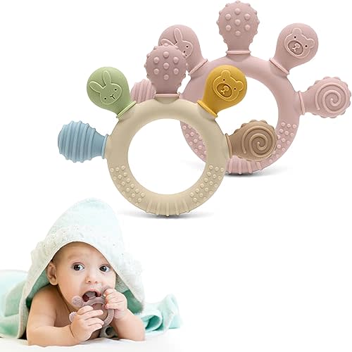 Silicone Teether for Babies 2-Pack – Soft & Easy Grip Teething Toys for Infants & Toddlers – 100% Food Grade Silicone, CPC Certified, BPA-Free Gum Soothers (Palm Teether/Colorful & Pink)
