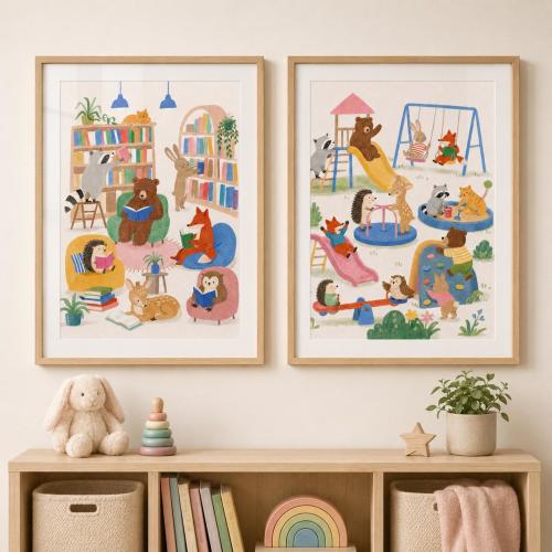 Reading Animals and Playground Prints, Kids Room Decor, Forest Animal Art,  Whimsical Animal Art Set