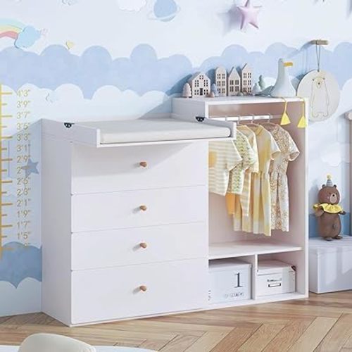 Baby Changing Table 59.1" Dresser with Changing Table Top, Nursery Dresser with 4 Drawers & 2 Shelves & Clothes Rack and Mirror, Multi-Functional Diaper Station Dressers for Kid Bedroom (Warm White)
