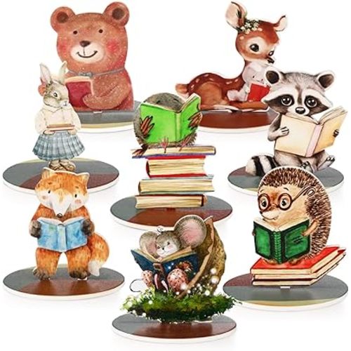 Amyhill 8 Pcs Storybook Baby Shower Decoration Storybook Wooden Centerpieces Animal Cutout Wood for Tables Woodland Animal Decoration for Book Club Birthday Baby Shower Nursery Party