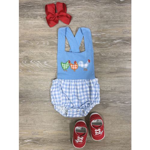 Country Cuties Girls Blue Gingham Chicken Baby Romper - Sydney So Sweet