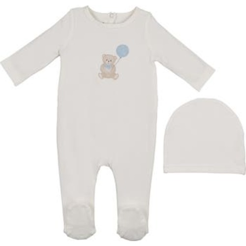 Teddy Print Cotton Blend Footie & Beanie Set