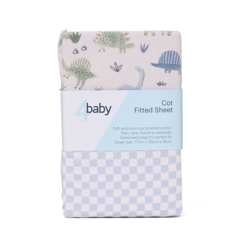 4Baby Flannel Cot Fitted Sheet 2 Pack Dino/Check