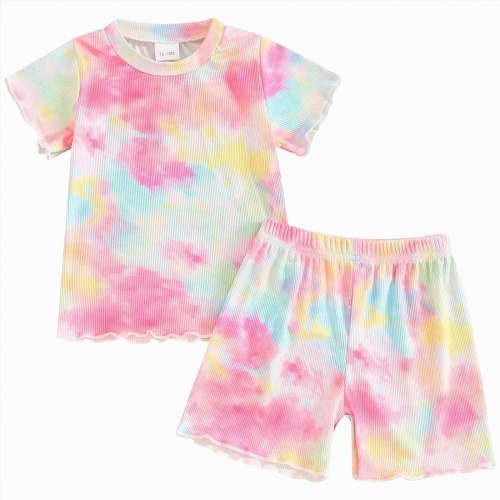 zaveiop Girls Pajamas 2 Piece Short Sleeve PJs Soft Comfy Summer Sleepwear Tie-Dye & Print Pajama Sets for Kids 6 Months-3 Years (Pink, 12-18M)