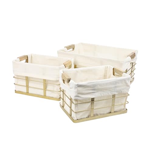 happimess Callan 3-Piece Industrial Wire Nesting Baskets 15", Gold | Handmade Mango Wood Handles, Removable Fabric Liner, Vintage Farmhouse Storage For Pantry Shelves, Mild Steel Mesh Open Bin