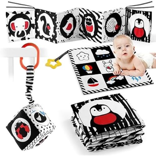 SAMMAS 3 Pcs Black and White High Contrast Baby Toys 0-6 Months for Newborn, Babies Sensory Soft Book for Early Education, Infant Tummy Time Cloth Book Toys, Montessori Toys for Babies(Black&White)