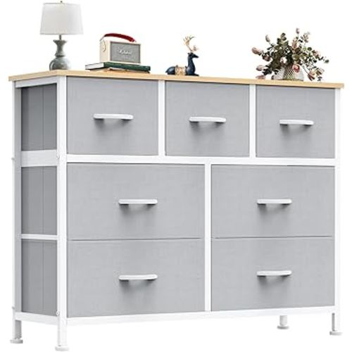 OLIXIS 7 Drawers Dresser for Bedroom, Fabric Storage Tower for Living Room, Entryway - Sturdy Steel Frame, Wooden Top and Easy Pull Fabric Bins, Closet Chests Organizer for Clothes,Light Gray