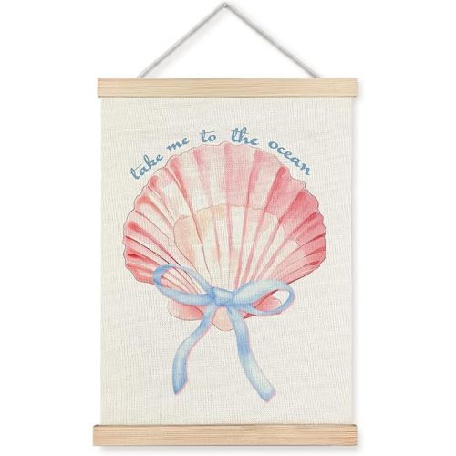 WUCHJ Coquette Blue Bow Seashell Beach Wall Art Poster, Preppy Coastal Ocean Wall Decor, Beachy Aesthetic Pink Conch Canvas Prints Artwork for Girls Room Dorm Apartment Decor, 12x16 Inch