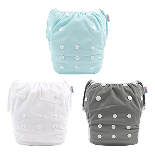 ALVABABY Baby Swim Diapers 3pcs Large Size Reuseable Washable & Adjustable for Swimming Lesson & Blue Gray White 3ZSWY18
