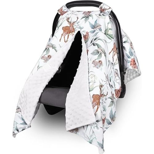TANOFAR Baby Carseat Canopy, Peekaboo Opening Car Seat Canopy for Babies, Soft and Breathable Infant Carrier Canopy, Multi-use Baby Carrier, Stroller, Nursing Cover, Minky Blanket, Animal Leaf