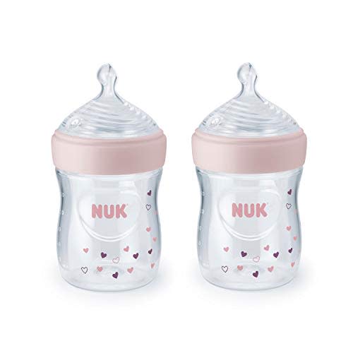 NUK Simply Natural Baby Bottle with SafeTemp, 5 oz, 2 Pack, Pink Hearts