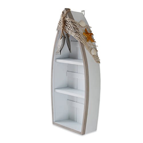Wooden Boat Shelf Standing Boat Display with Fish Net Starfish Seashell | Accents White Beach Nautical Theme Decor (16.5" H)