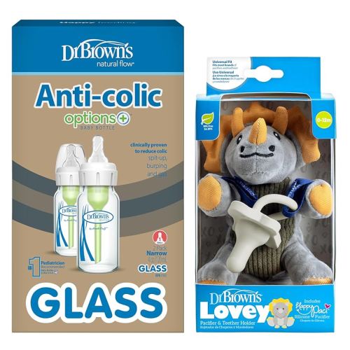 Dr. Brown's Natural Flow Options+ Anti-Colic Glass Baby Bottles, 4oz 2-Pack and Lovey Pacifier and Teether Holder, Soft Triceratops, 100% Silicone HappiPaci, 0+ Months