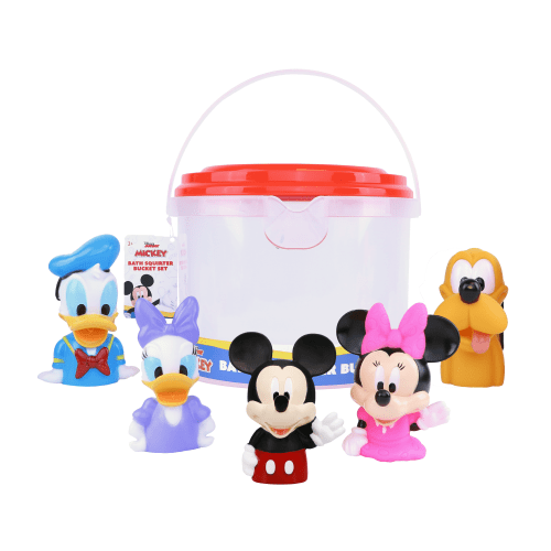 Disney Mickey & Friends - 5 Piece Bath Squirter Bucket Set -Bath Toys for Baby and Toddlers - Includes Organizer Bucket - Store Bath Time Water Toys