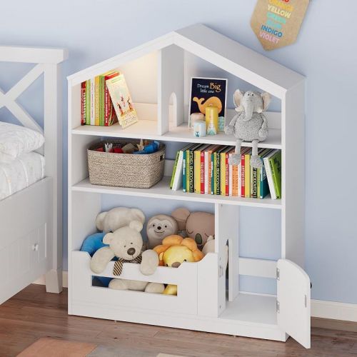 Kids Bookshelf Toy Storage Organizer, Wooden Toddler Bookcase, Children's Book House Three-Story Book House, Kids Reading Nook