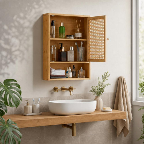 August Grove® Wall Mounted Bathroom Cabinet, Rattan Door Over Toilet Storage Organizer with Adjustable Shelf, Natural Bamboo Medicine Cabinet for Bathroom, Kitchen, Laundry Room and Living Room | Wayfair