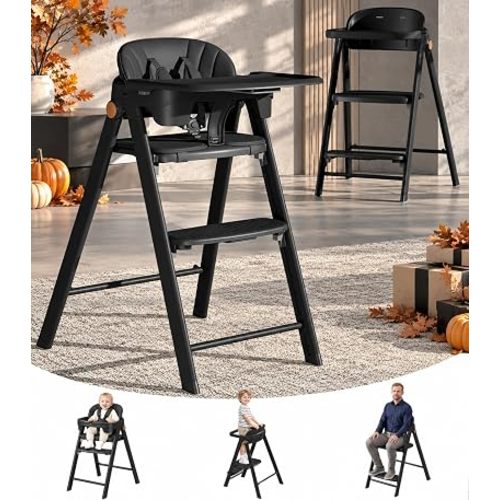 Convertible High Chair & Foldable Toddler Standing Tower for Baby to Adult, Tool-Free Adjustable Baby Highchair, Compact Feeding Chair, 5-Point Harness, Easy Clean, Removable Tray, Metal Frame, Balck