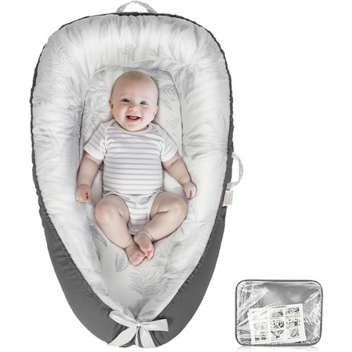Baby Lounger - Babies Nest for Newborn, Breathable & Soft Organic Cotton Lounger, Portable Baby Lounger for Home & Travel, Ideal Newborn Essentials, Grey Leaves