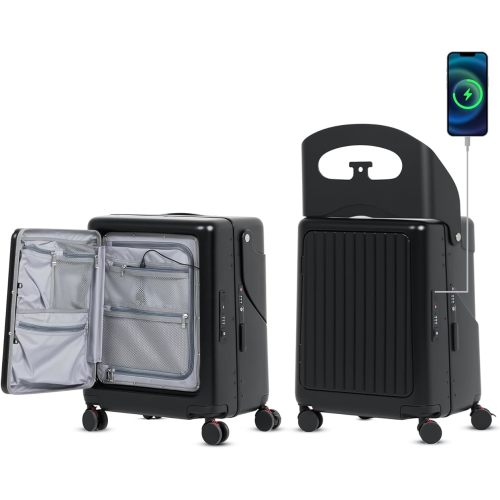 smilesun 22" Carry On Luggage with Seat For Kids & Adults，Hardside Ride On Suitcase Front Opening with 360°Spinner and TSA Lock For Travel (Black with Front Open, 22")