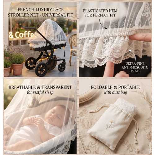French Lace Luxury Stroller Mosquito Net, Universal Fit Elastic Infant Bassinet Fly Screen, Breathable Sheer Bug Cover for Pram & Pushchair