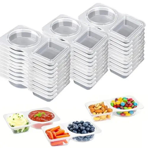 30pcs Reusable Snack Containers with Lids,2025 New 2 Compartment Plastic Containers for Pack Snacks,Leakproof Double Compartment Condiment Pack for Meal Prep, Portion Control,On-the-Go School Travel