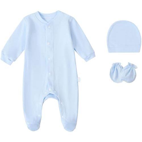 Baby Rompers 0~3 to 3-6 Months 100% Cotton Footies 3PCS Jumpsuit with Solid Hats Mittens Gloves