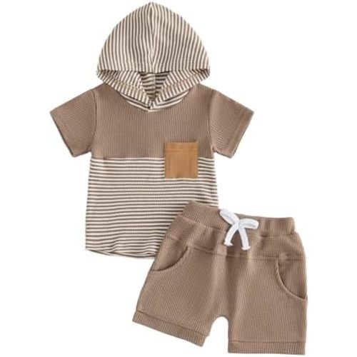 Toddler Baby Boy Summer Outfit Waffle Short Sleeve Hooded Stripes Tops Casual Shorts Set Infant Newborn Clothes
