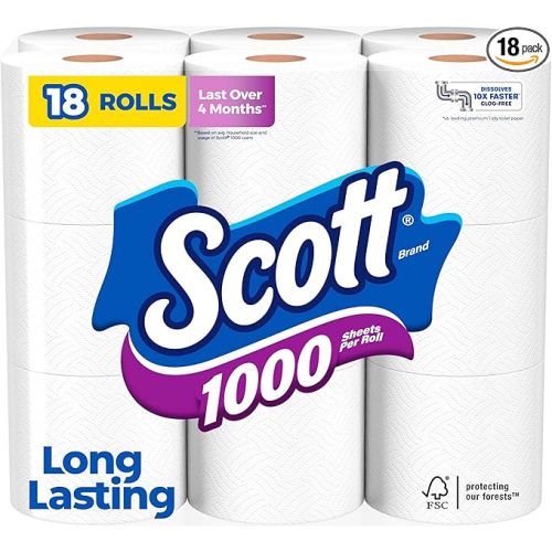 Scott 1000 Toilet Paper, 18 Rolls, Septic-Safe, 1-Ply Toilet Tissue