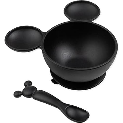 Bumkins Disney Mickey Mouse Bowl, Silicone First Feeding Set with Suction, Includes Spoon, Training Essentials for Baby-Led Weaning, Toddler Self-Feeding, Babies Eating at 4 Mos Up, Black