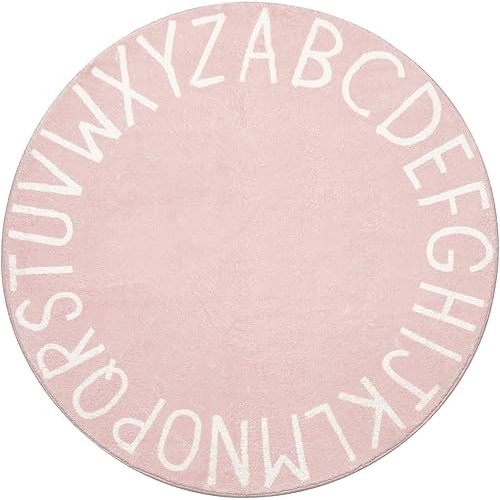Topotdor Round Kids Play Rug Alphabet Nursery Area Rug Extra Large Soft Crawling Play Mat for Children Toddlers Bedroom (47 inch, Pink)