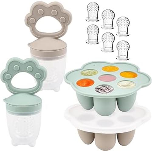 Ginbear Silicone Baby Fruit Food Feeder & Freezer Tray (Set of 2), Infant Teething Feeder Pacifiers with Baby Popsicle Molds Combo 4 Months+ (Hazy Green/Almond)